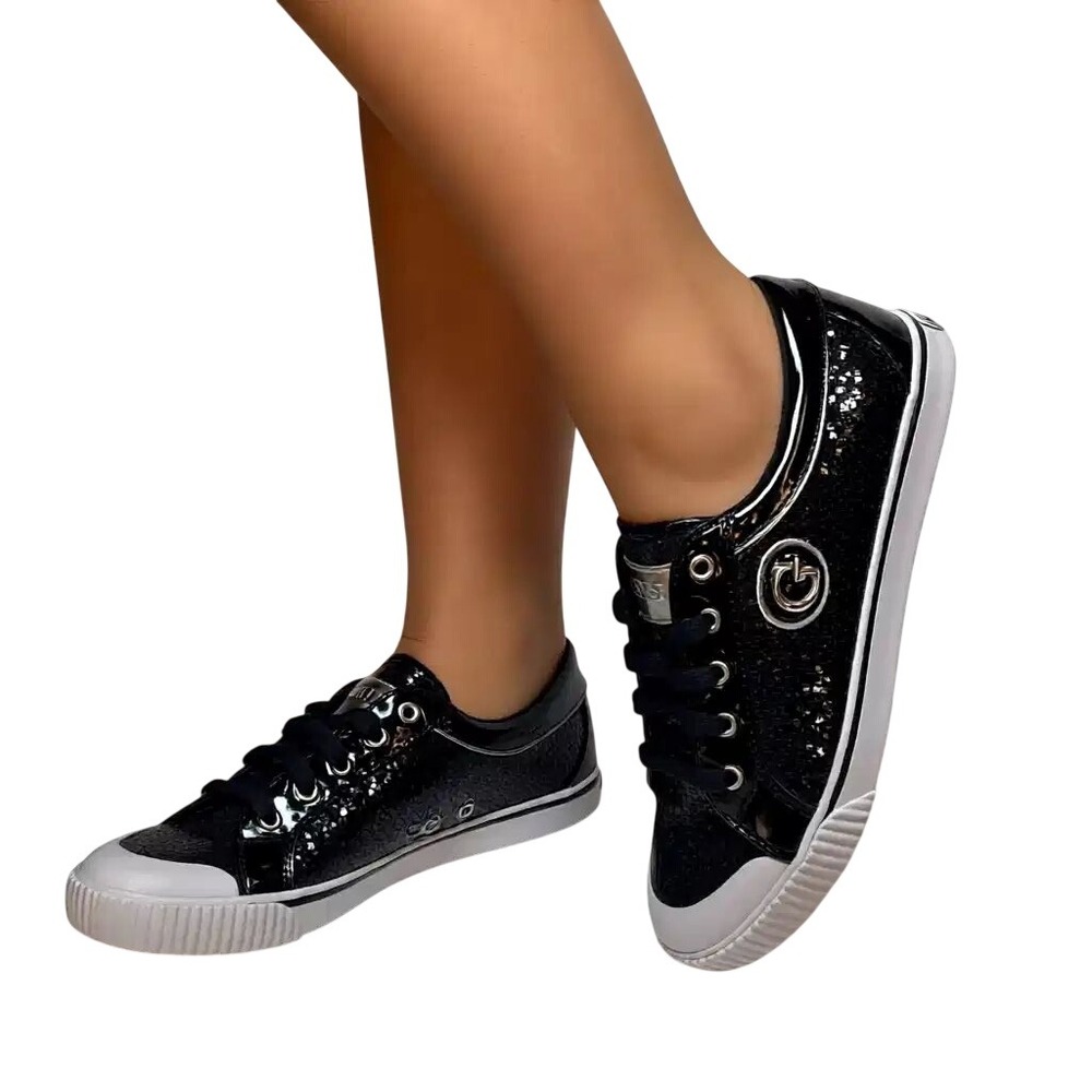Guess Womens Black Sequin‎ Low Top Sneakers Silver Logo Lace Up